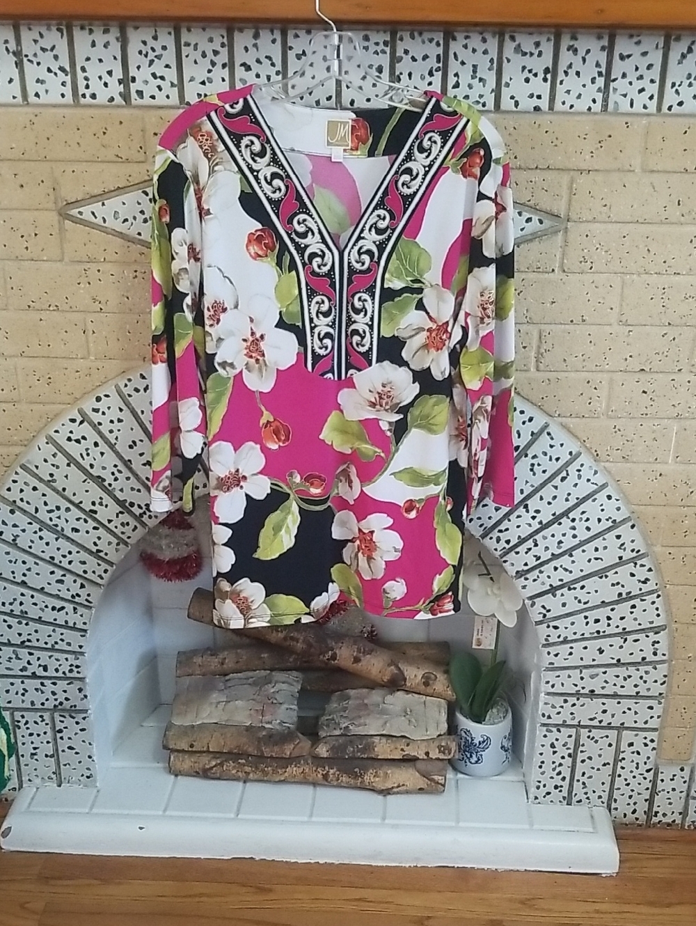 JM Collection Pink Black Floral V-Neck Tunic